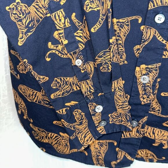 J. Crew S Navy Caramel Brown Tiger Print Signature Fit Stretch Cotton Shirt - Picture 8 of 13